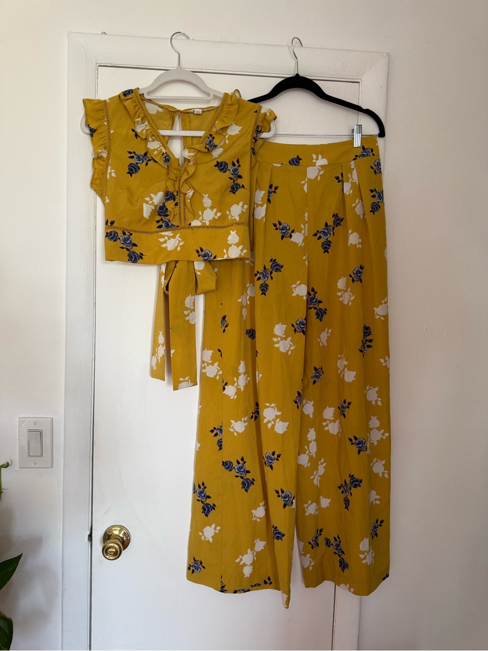 Mustard Yellow Floral Wide-Leg Pants & Tie-Back Crop Top Set